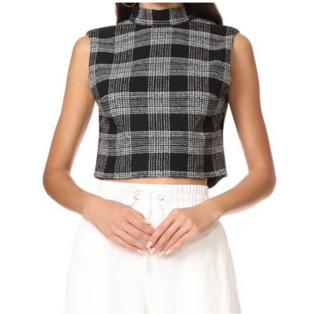 Alice + Olivia Black and White Plaid Cropped Mock Neck Top